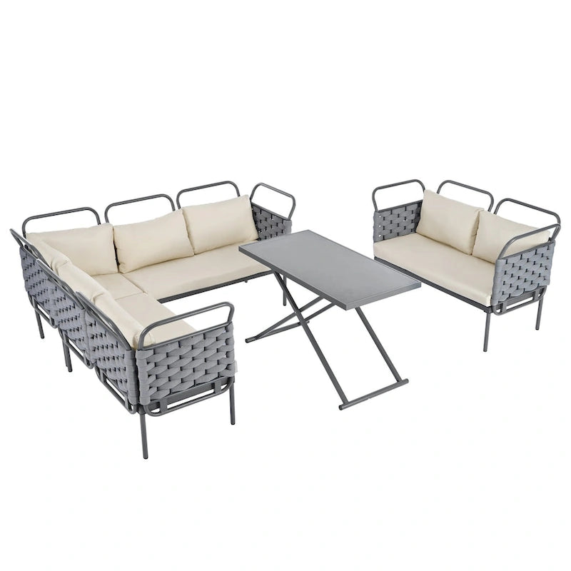 Ensemble de canapé d'angle de terrasse moderne 5 pièces, ensemble de meubles d'extérieur en corde tressée avec table en verre et coussins