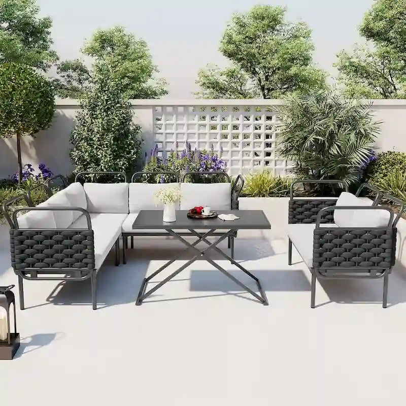 Ensemble de canapé d'angle de terrasse moderne 5 pièces, ensemble de meubles d'extérieur en corde tressée avec table en verre et coussins