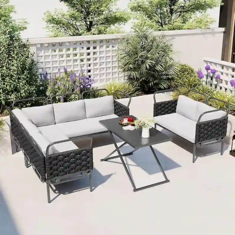Ensemble de canapé d'angle de terrasse moderne 5 pièces, ensemble de meubles d'extérieur en corde tressée avec table en verre et coussins