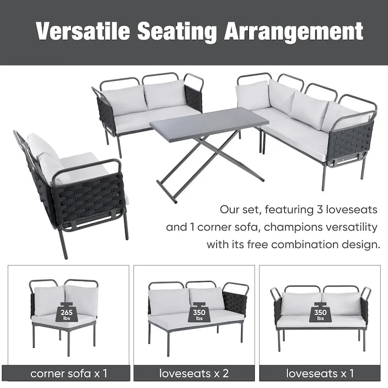 Ensemble de canapé d'angle de terrasse moderne 5 pièces, ensemble de meubles d'extérieur en corde tressée avec table en verre et coussins