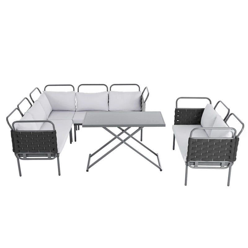 Ensemble de canapé d'angle de terrasse moderne 5 pièces, ensemble de meubles d'extérieur en corde tressée avec table en verre et coussins
