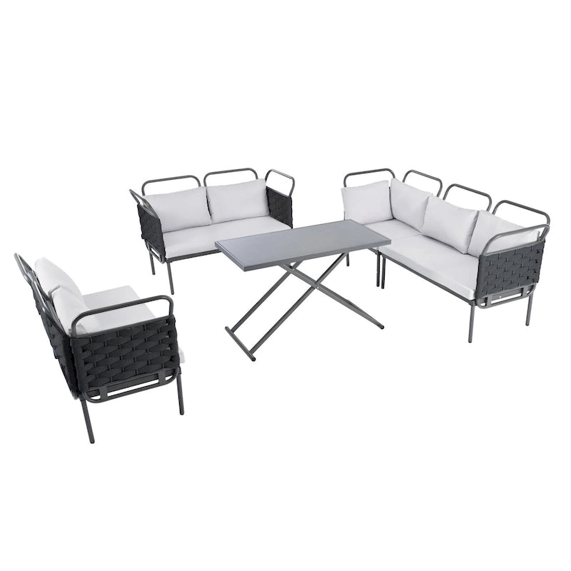 Ensemble de canapé d'angle de terrasse moderne 5 pièces, ensemble de meubles d'extérieur en corde tressée avec table en verre et coussins