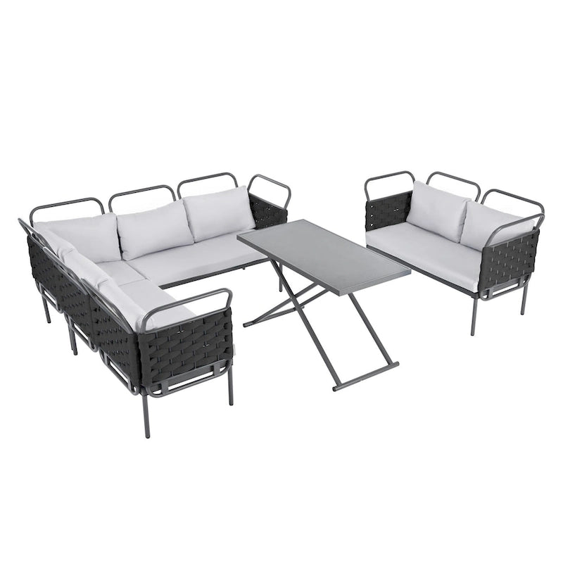 Ensemble de canapé d'angle de terrasse moderne 5 pièces, ensemble de meubles d'extérieur en corde tressée avec table en verre et coussins