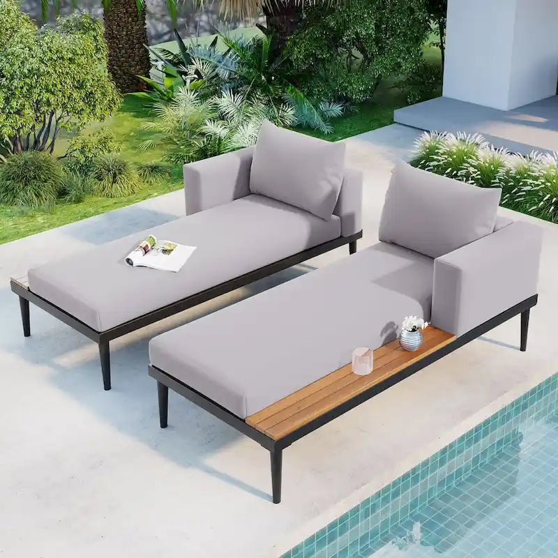 Lit de repos d'extérieur avec plateaux latéraux en bois d'acacia, conception 2-en-1, pieds réglables et coussins lavables
