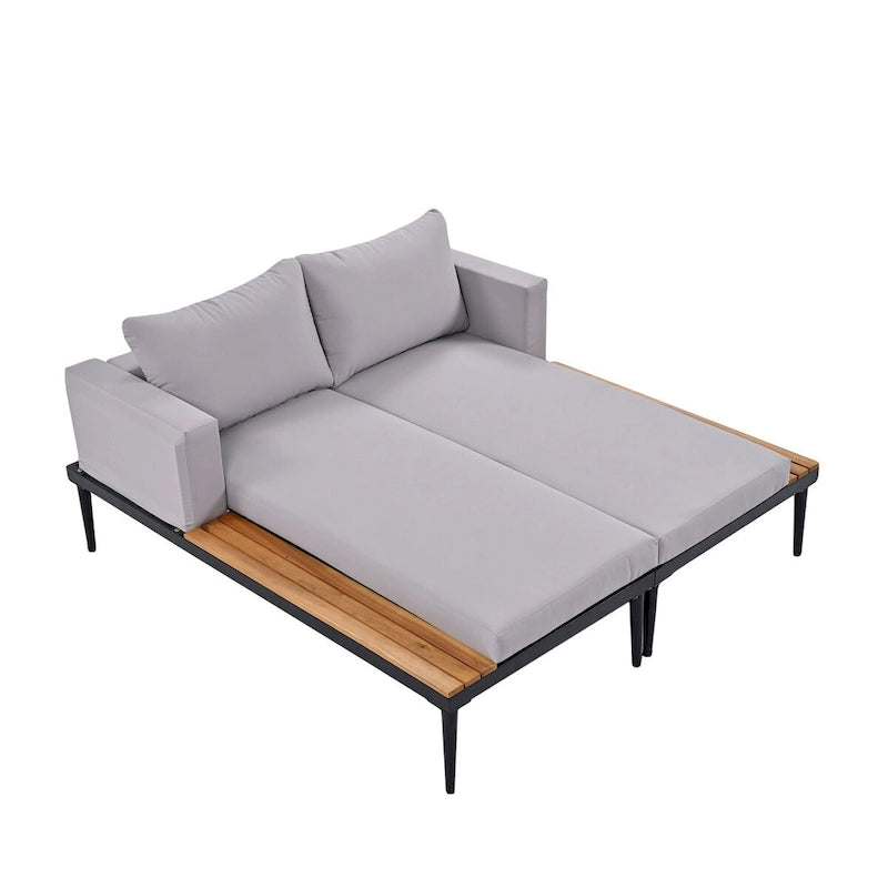Lit de repos d'extérieur avec plateaux latéraux en bois d'acacia, conception 2-en-1, pieds réglables et coussins lavables