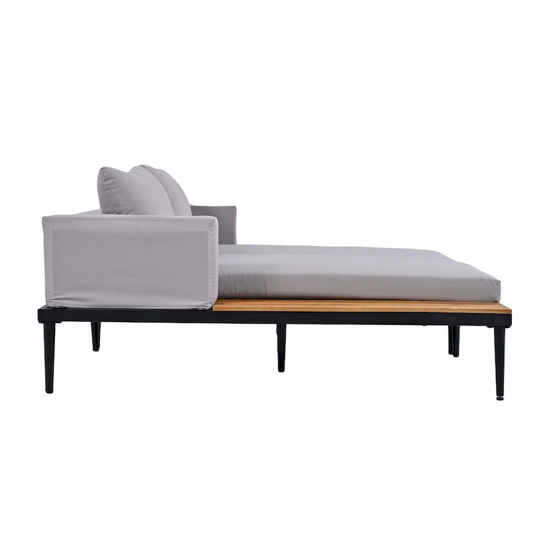 Lit de repos d'extérieur avec plateaux latéraux en bois d'acacia, conception 2-en-1, pieds réglables et coussins lavables