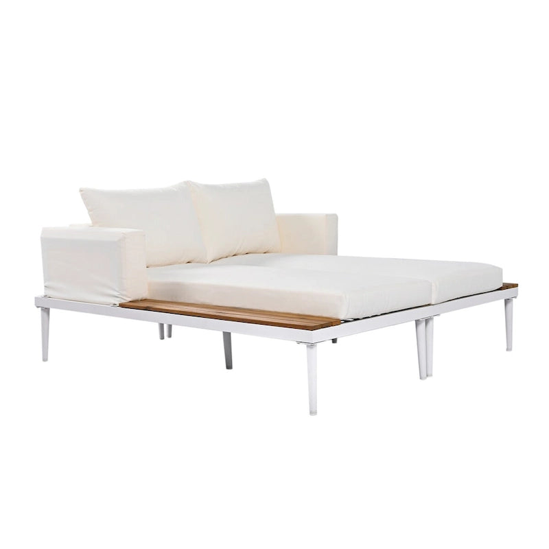 Lit de repos d'extérieur avec plateaux latéraux en bois d'acacia, conception 2-en-1, pieds réglables et coussins lavables