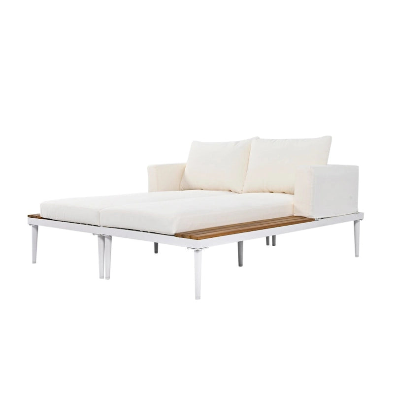 Lit de repos d'extérieur avec plateaux latéraux en bois d'acacia, conception 2-en-1, pieds réglables et coussins lavables