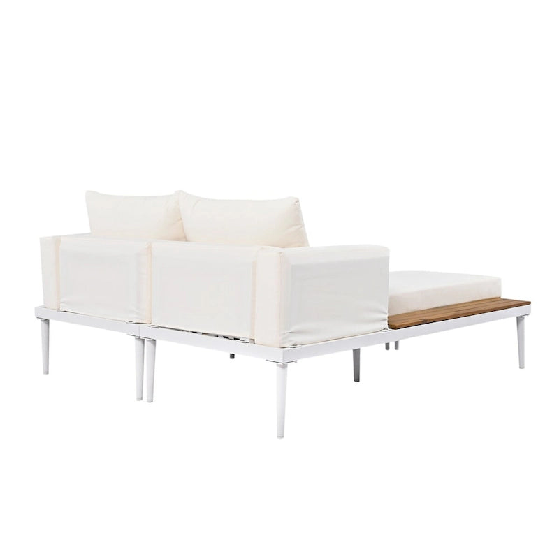 Lit de repos d'extérieur avec plateaux latéraux en bois d'acacia, conception 2-en-1, pieds réglables et coussins lavables
