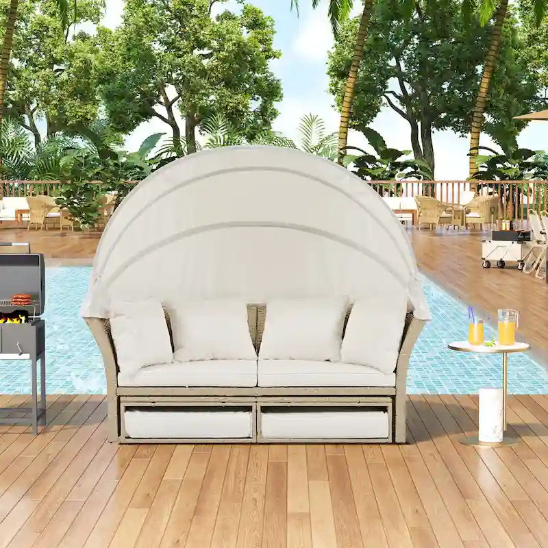 Lit de repos double en rotin pour patio extérieur