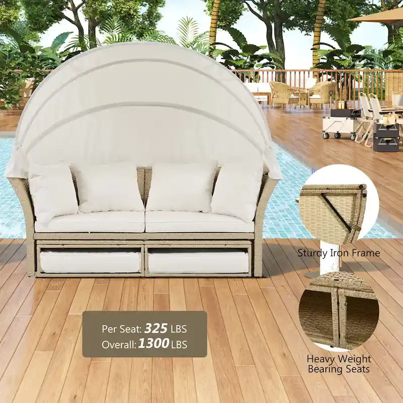 Lit de repos double en rotin pour patio extérieur