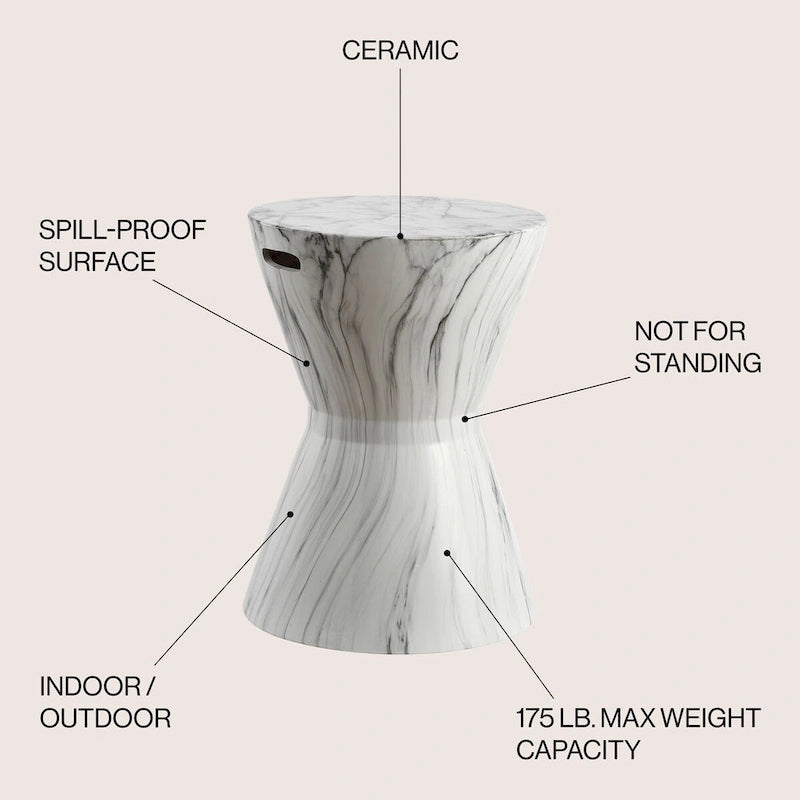 Tabouret de jardin en céramique African Drum 17.3, finition marbre blanc, par