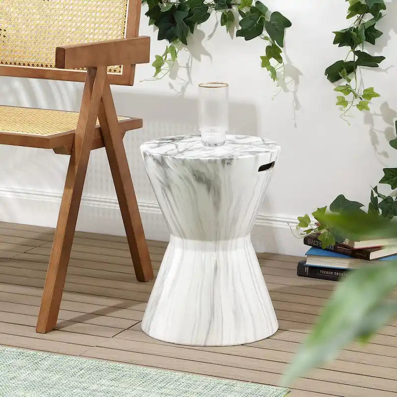 Tabouret de jardin en céramique African Drum 17.3, finition marbre blanc, par