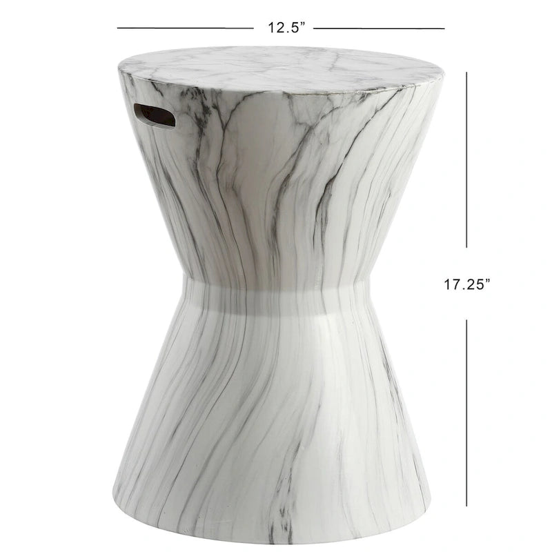 Tabouret de jardin en céramique African Drum 17.3, finition marbre blanc, par