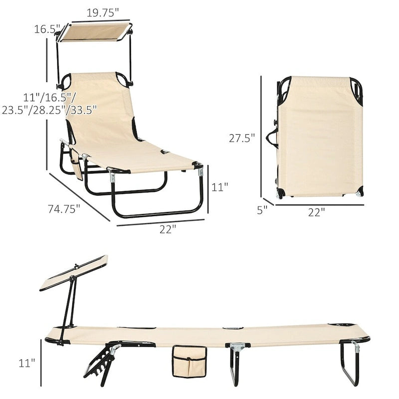 Chaise longue pliable 2 pièces à cadre en acier avec pare-soleil et pochette