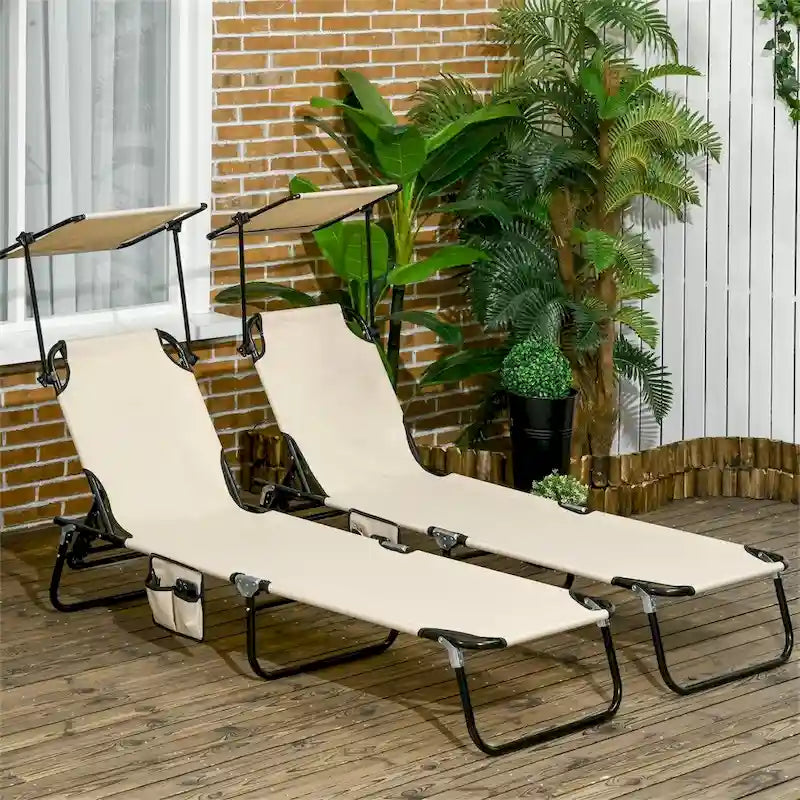 Chaise longue pliable 2 pièces à cadre en acier avec pare-soleil et pochette