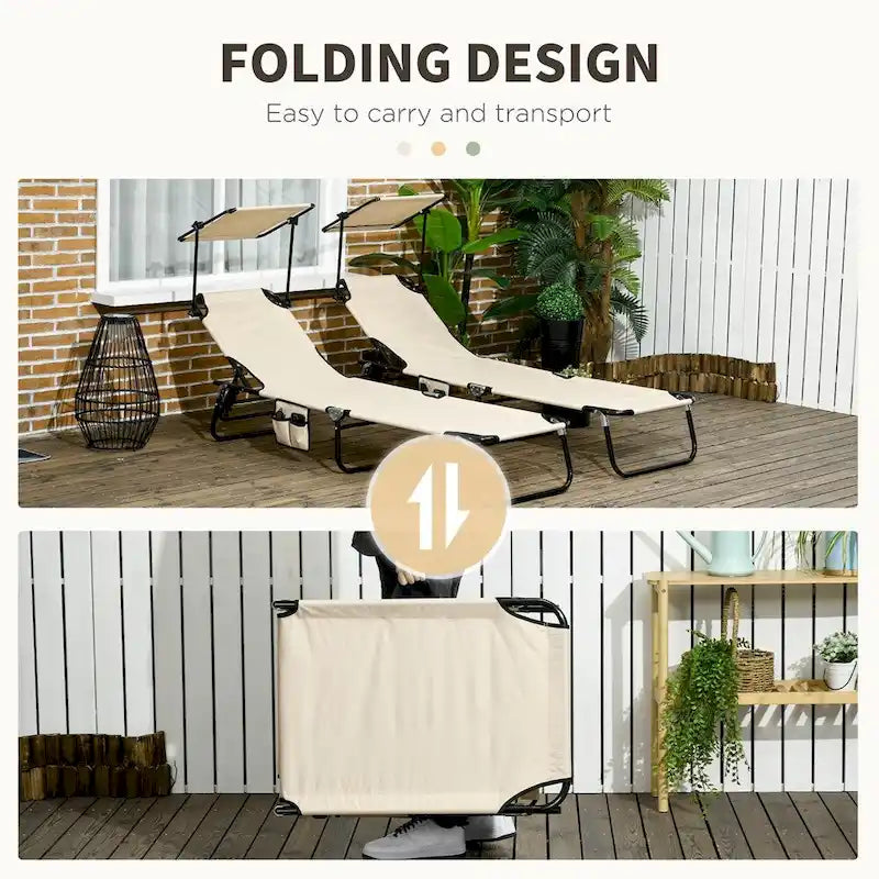 Chaise longue pliable 2 pièces à cadre en acier avec pare-soleil et pochette