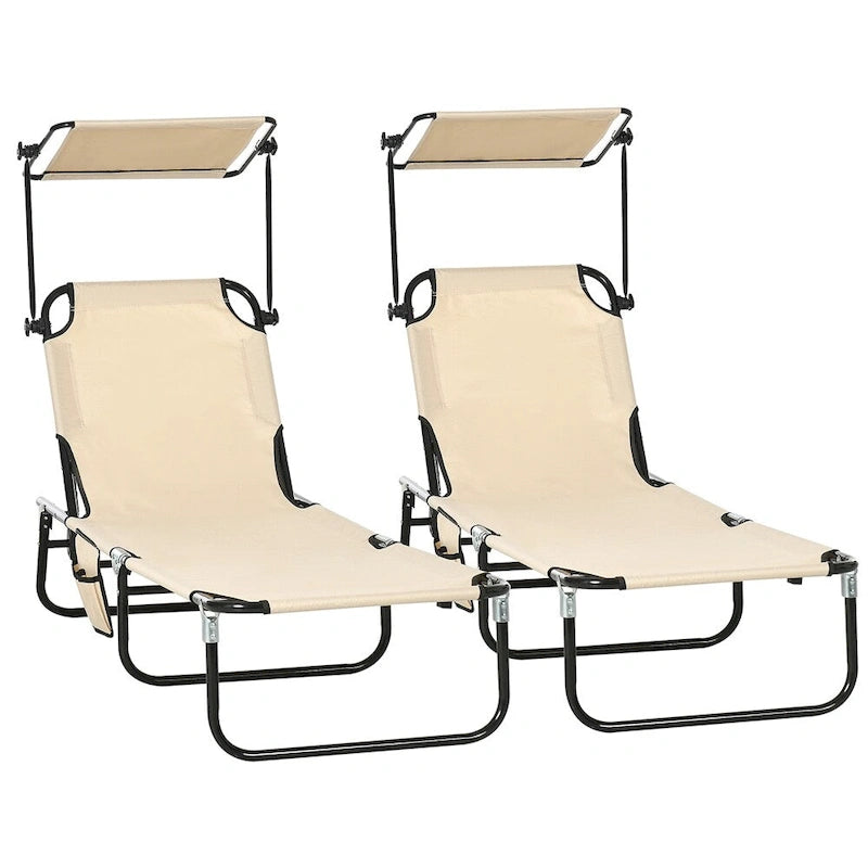 Chaise longue pliable 2 pièces à cadre en acier avec pare-soleil et pochette