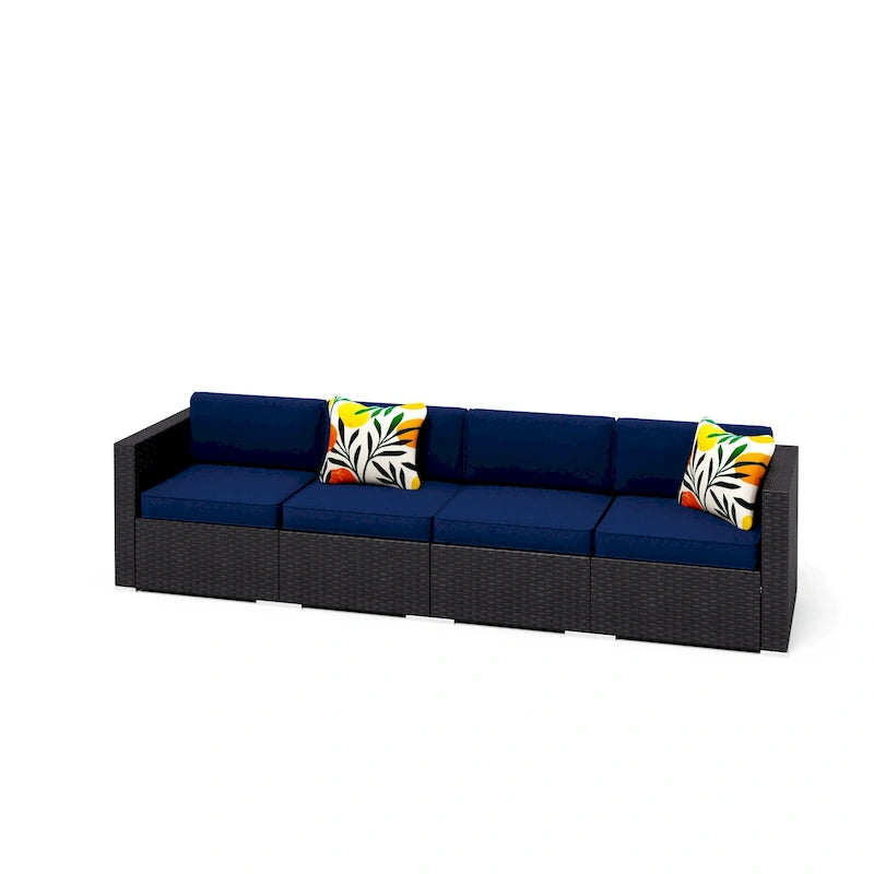 Ensemble de 4 meubles de patio d'extérieur, canapé sectionnel en rotin tressé toutes saisons avec coussins bleu marine