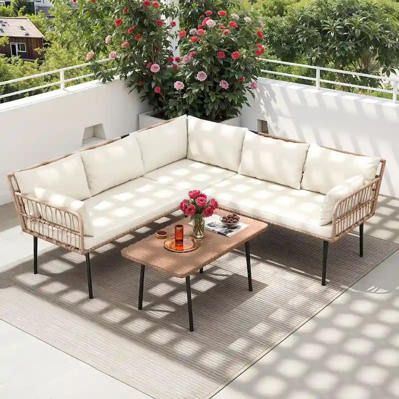 Moasis 4 Pieces Patio Conversation Set,5 Seater Wicker Sectional L-Shaped Sofa with Cushions and Side Table