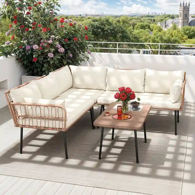 Ensemble de conversation de patio 4 pièces Moasis, canapé sectionnel en osier en forme de L 5 places avec coussins et table d'appoint