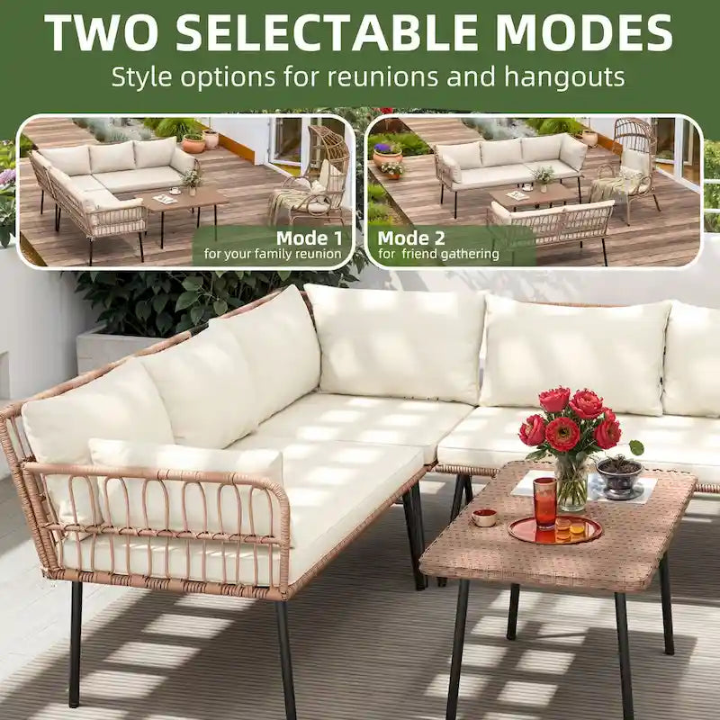 Ensemble de conversation de patio 4 pièces Moasis, canapé sectionnel en osier en forme de L 5 places avec coussins et table d'appoint