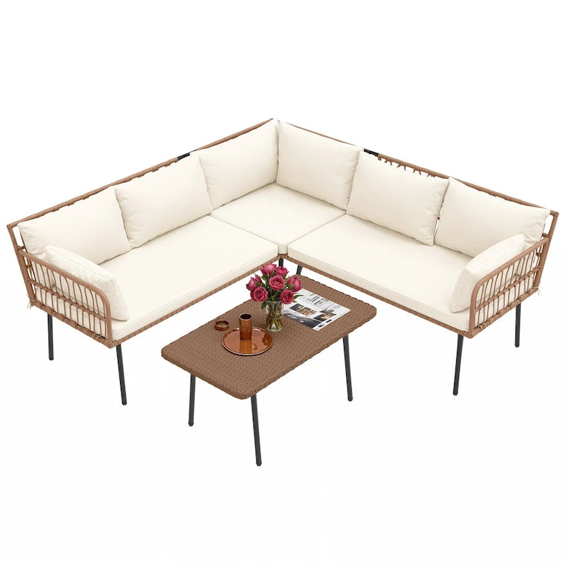 Ensemble de conversation de patio 4 pièces Moasis, canapé sectionnel en osier en forme de L 5 places avec coussins et table d'appoint