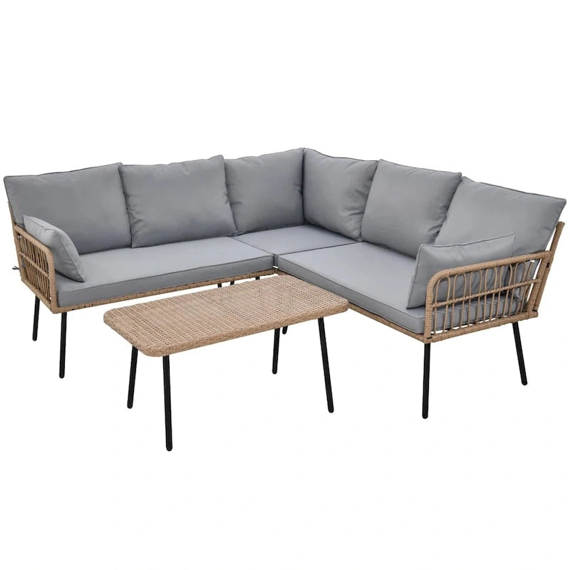 Ensemble de conversation de patio 4 pièces Moasis, canapé sectionnel en osier en forme de L 5 places avec coussins et table d'appoint