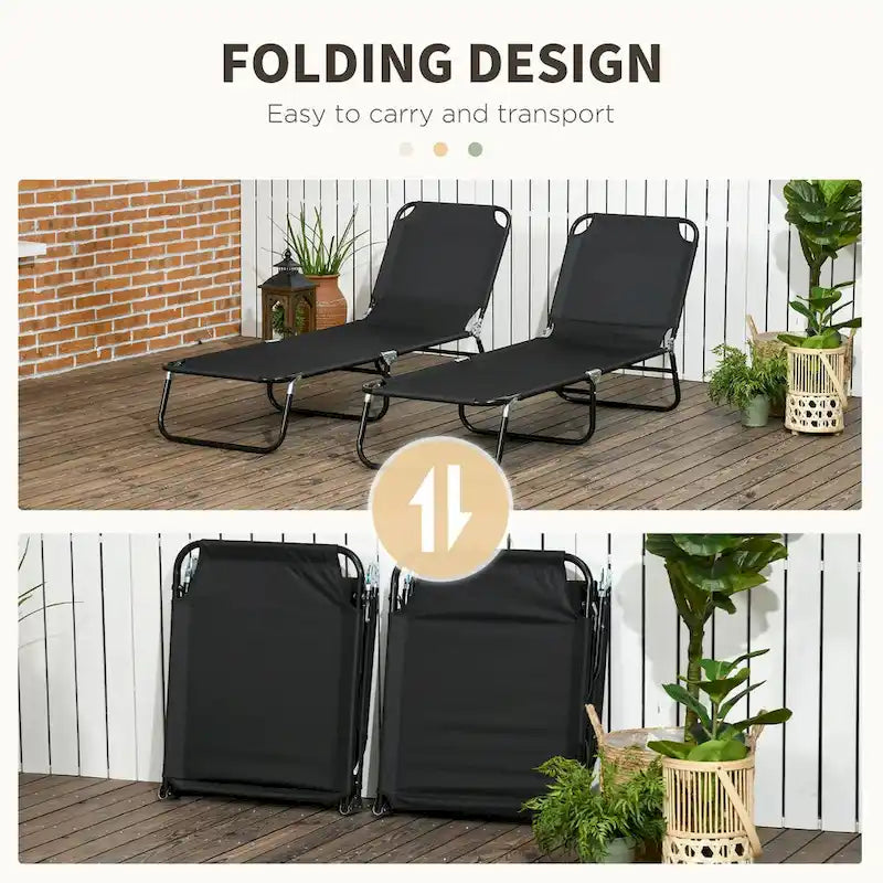 Chaise longue pliable d'extérieur 2 pièces avec dossier inclinable sur 5 niveaux et cadre en acier