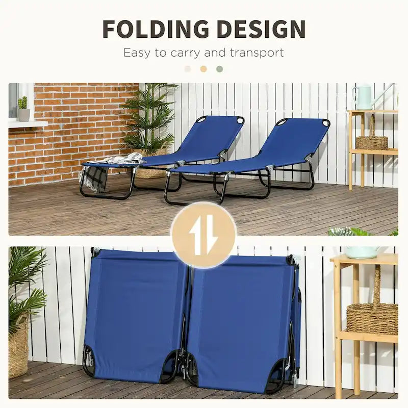Chaise longue pliable d'extérieur 2 pièces avec dossier inclinable sur 5 niveaux et cadre en acier