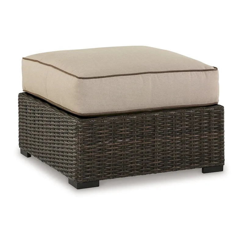 Waga Pouf extérieur de 73 cm, assise rembourrée, résine tressée, marron, beige