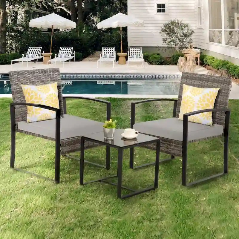 3-PC Outdoor Wicker Conversation Set w/ 2 Cushions, Glass Coffee Table