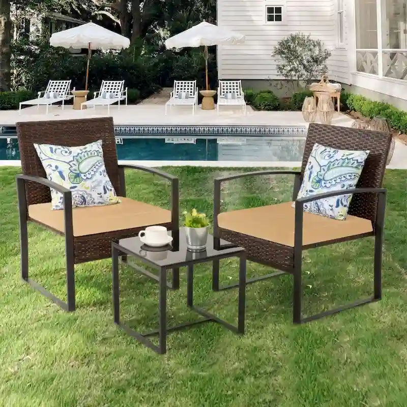 Ensemble de conversation d'extérieur 3 pièces en osier avec 2 coussins et une table basse en verre