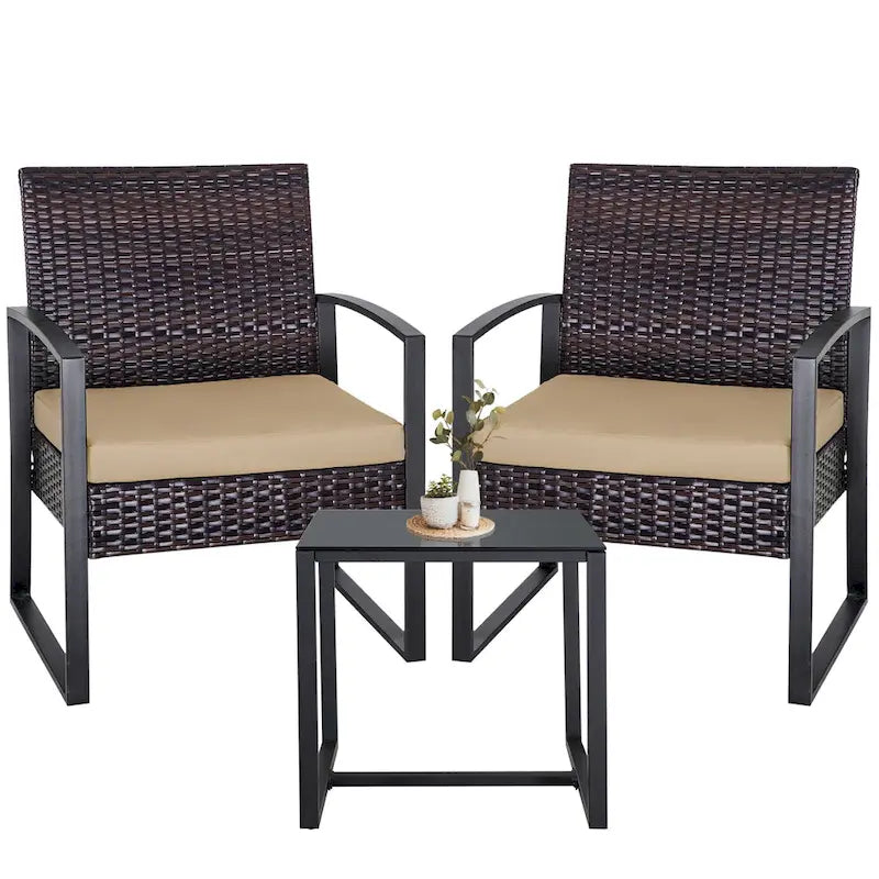 Ensemble de conversation d'extérieur 3 pièces en osier avec 2 coussins et une table basse en verre