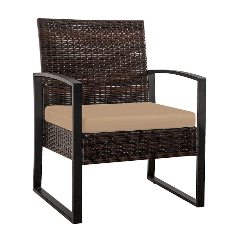 Ensemble de conversation d'extérieur 3 pièces en osier avec 2 coussins et une table basse en verre