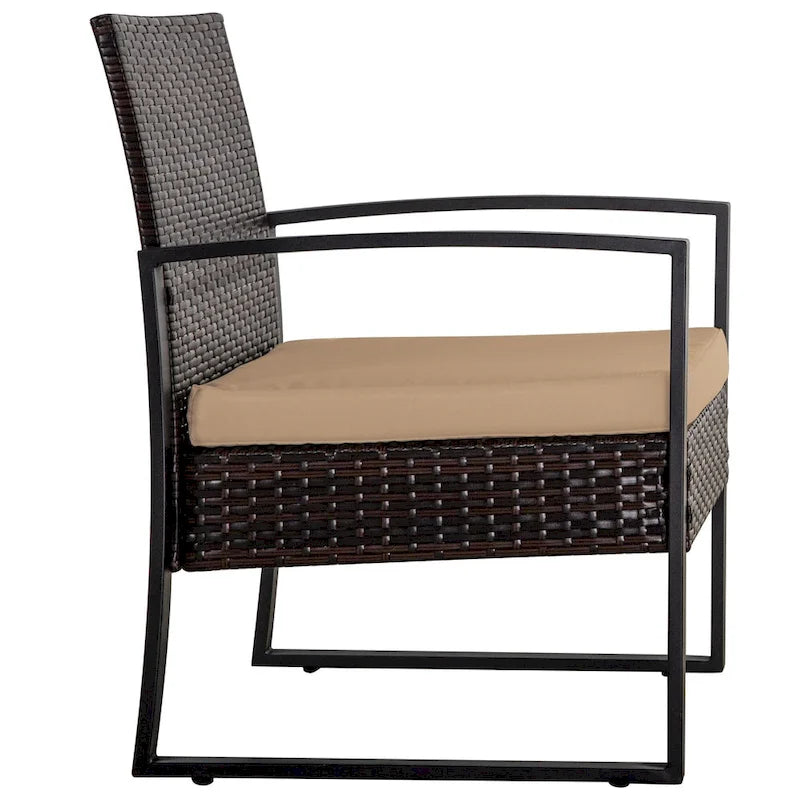 Ensemble de conversation d'extérieur 3 pièces en osier avec 2 coussins et une table basse en verre