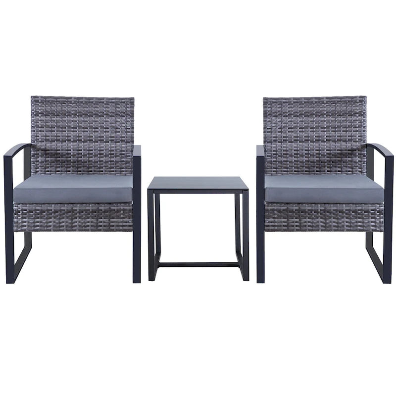 Ensemble de conversation d'extérieur 3 pièces en osier avec 2 coussins et une table basse en verre