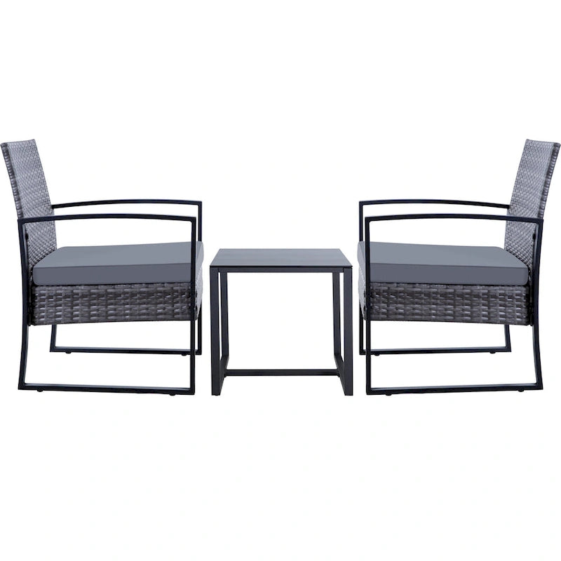 Ensemble de conversation d'extérieur 3 pièces en osier avec 2 coussins et une table basse en verre