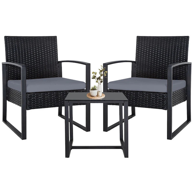 Ensemble de conversation d'extérieur 3 pièces en osier avec 2 coussins et une table basse en verre