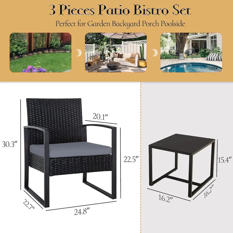 Ensemble de conversation d'extérieur 3 pièces en osier avec 2 coussins et une table basse en verre
