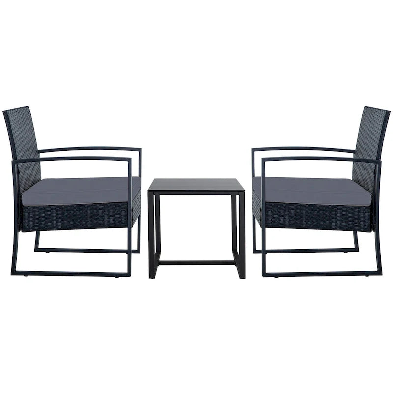Ensemble de conversation d'extérieur 3 pièces en osier avec 2 coussins et une table basse en verre