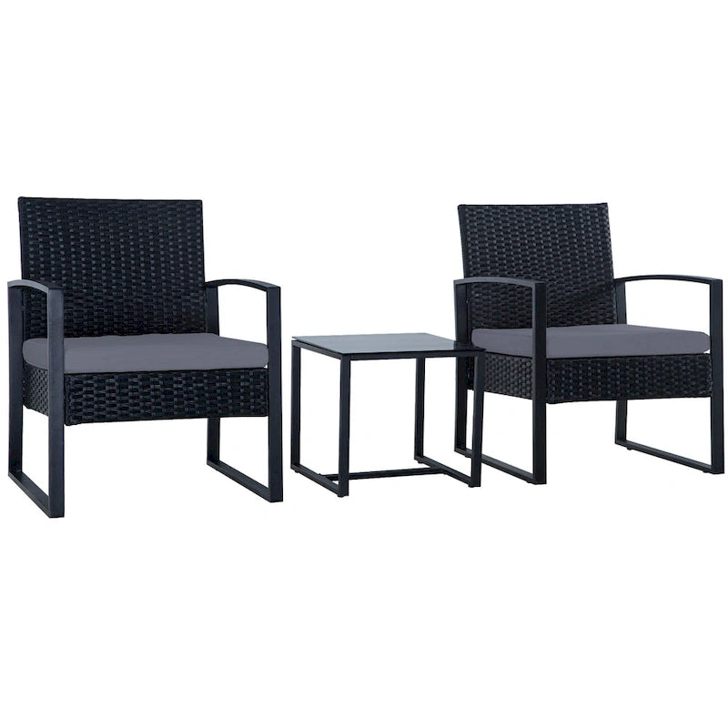 Ensemble de conversation d'extérieur 3 pièces en osier avec 2 coussins et une table basse en verre