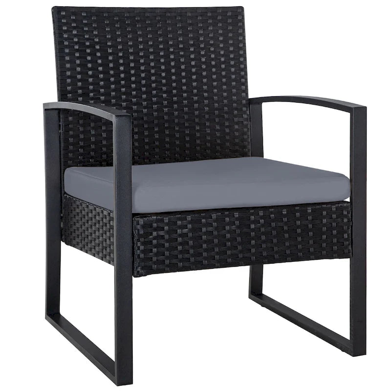 Ensemble de conversation d'extérieur 3 pièces en osier avec 2 coussins et une table basse en verre