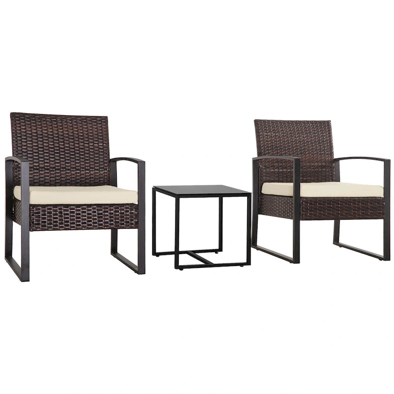 Ensemble de conversation d'extérieur 3 pièces en osier avec 2 coussins et une table basse en verre
