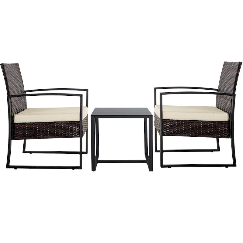 Ensemble de conversation d'extérieur 3 pièces en osier avec 2 coussins et une table basse en verre
