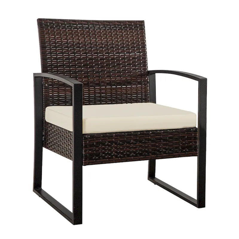 Ensemble de conversation d'extérieur 3 pièces en osier avec 2 coussins et une table basse en verre