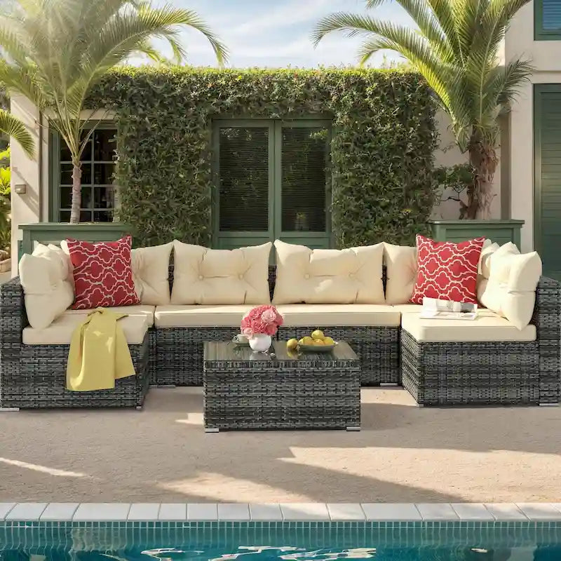 Moasis Salon de Jardin 7 Pièces Canapé Modulable d'Extérieur avec Coussins et Table Basse pour Jardin, Balcon, Cour Arrière