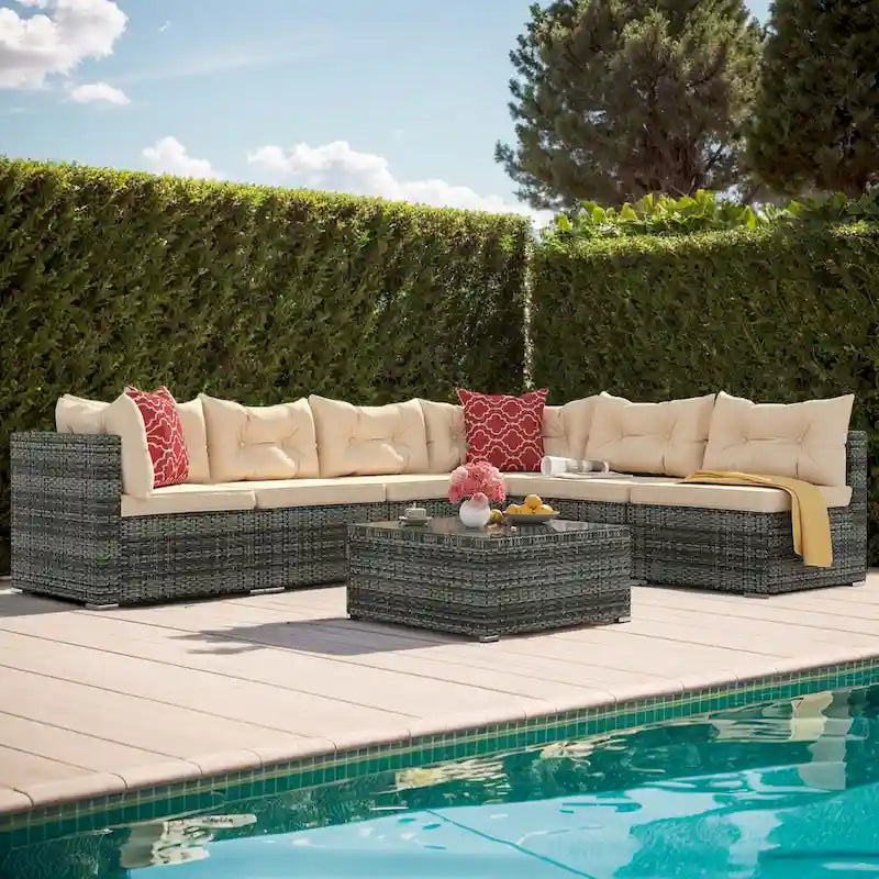 Moasis Salon de Jardin 7 Pièces Canapé Modulable d'Extérieur avec Coussins et Table Basse pour Jardin, Balcon, Cour Arrière