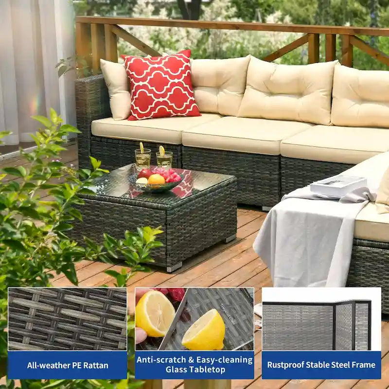Moasis Salon de Jardin 7 Pièces Canapé Modulable d'Extérieur avec Coussins et Table Basse pour Jardin, Balcon, Cour Arrière