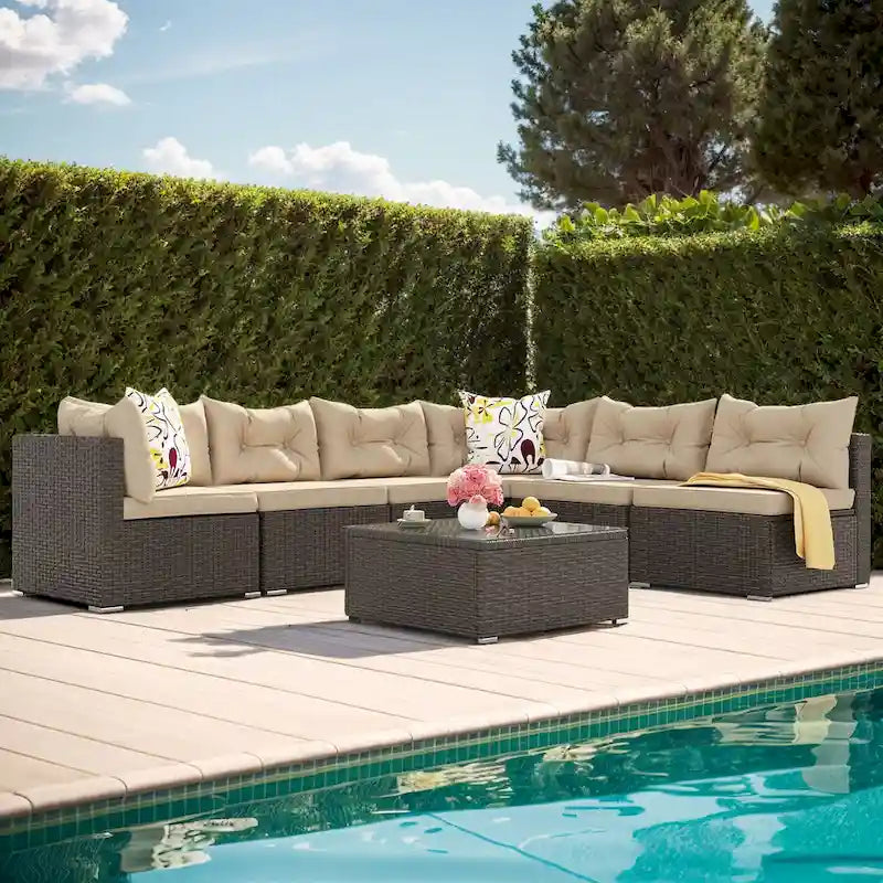 Moasis Salon de Jardin 7 Pièces Canapé Modulable d'Extérieur avec Coussins et Table Basse pour Jardin, Balcon, Cour Arrière